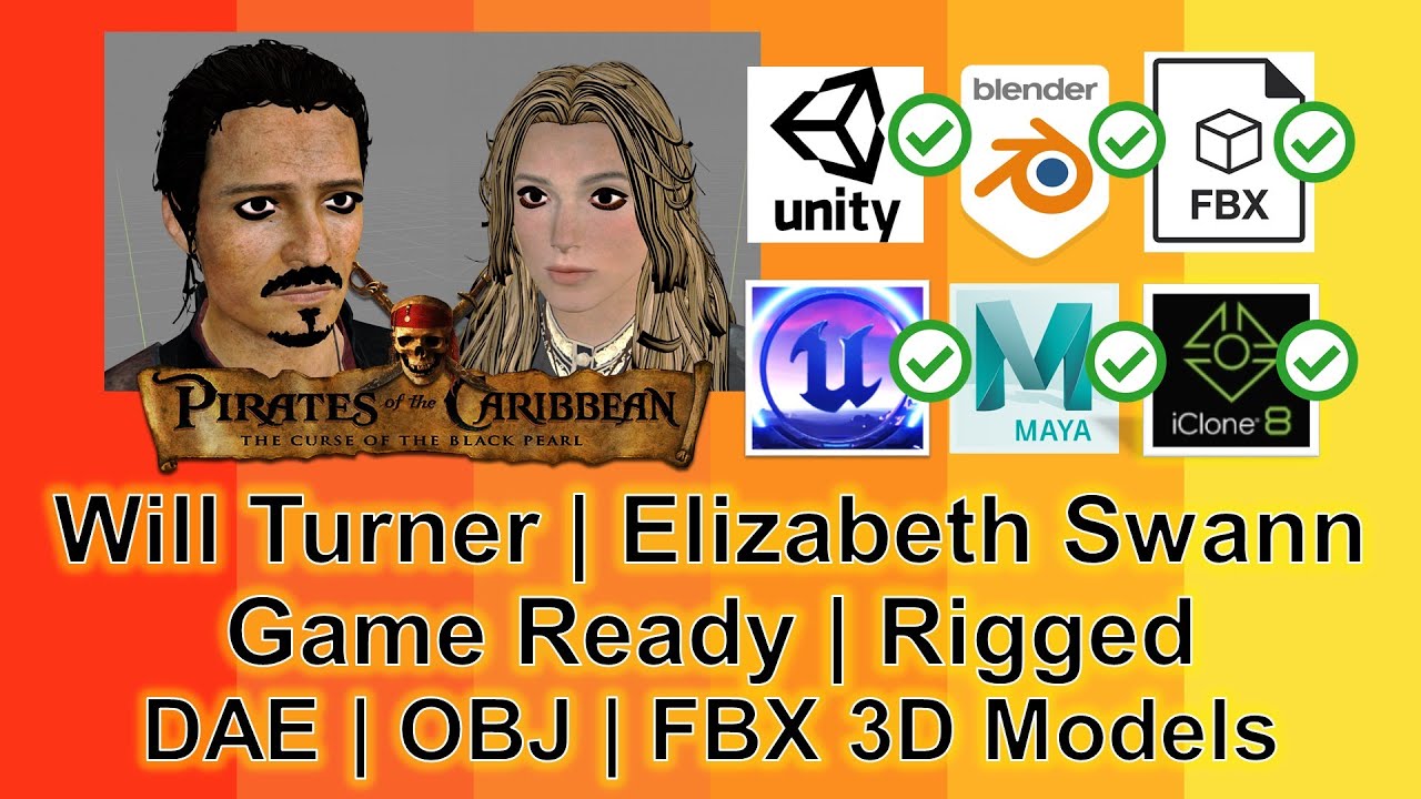 Pirates of the Caribbean 3D Models | Will Turner | Elizabeth Swann| FBX| Rigged| Game Ready |Blender